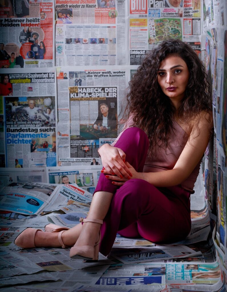 woman, model, portrait, girl, fashion, newspaper, pose