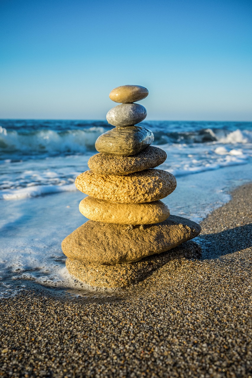 stones, rock, balance, balanced rocks, balanced stones, riverside, beach, meditation, zen, mindfulness, spirituality, harmony, nature, sea, stone pyramid, pyramid, yoga